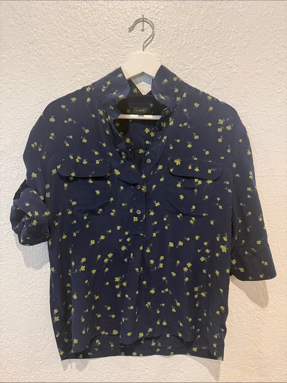J. Crew Black Top with Olive Green Floral Print